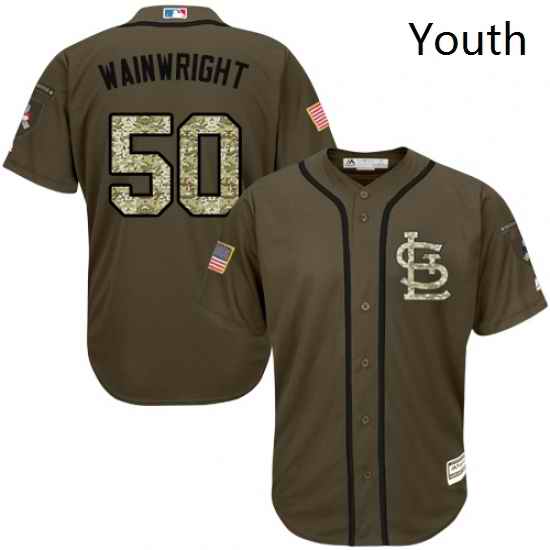 Youth Majestic St Louis Cardinals 50 Adam Wainwright Replica Green Salute to Service MLB Jersey